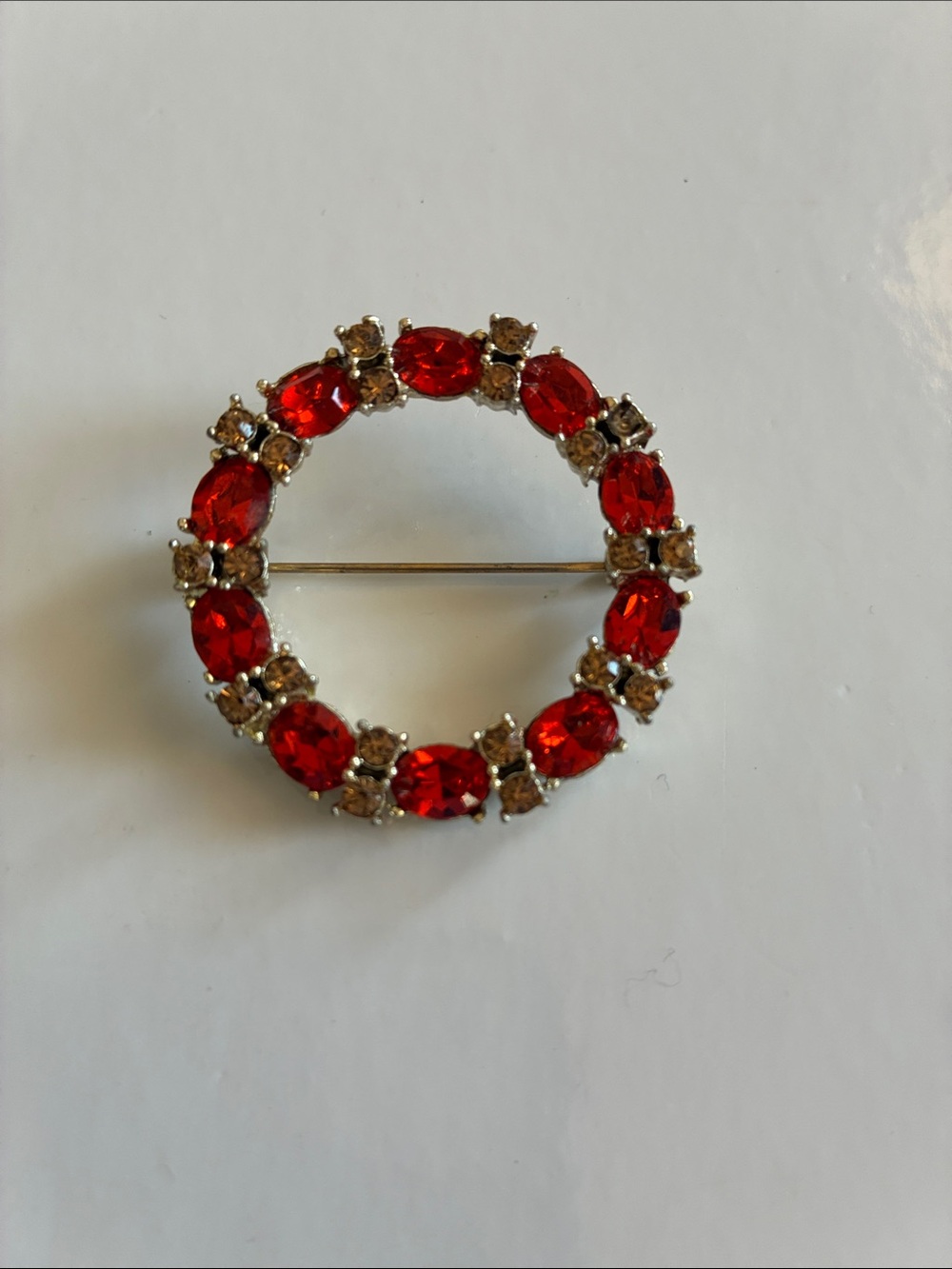 Vintage 1950-60’s Classic Red Rhinestone Circle Brooch Marked - Gold Tone
